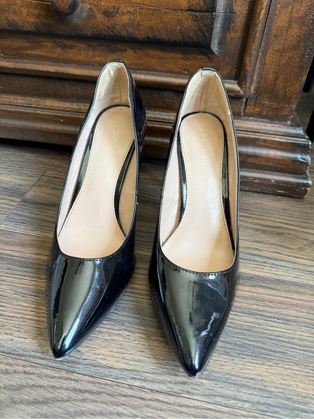 BCBGeneration Black Satin Patent Pointed Pumps